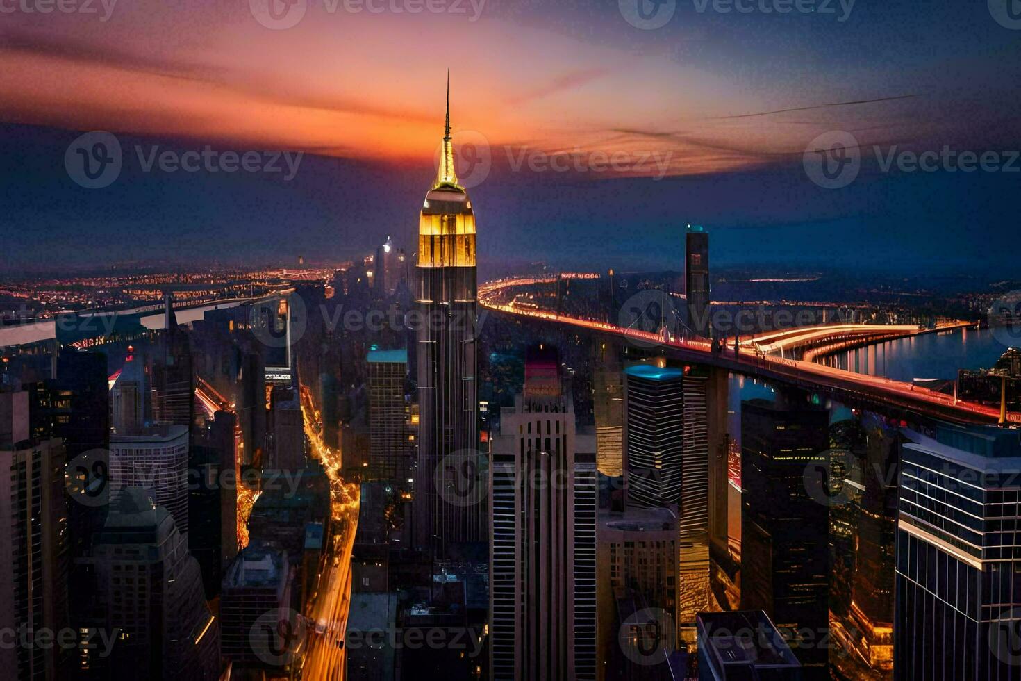 the empire state building is seen at sunset. AI-Generated photo