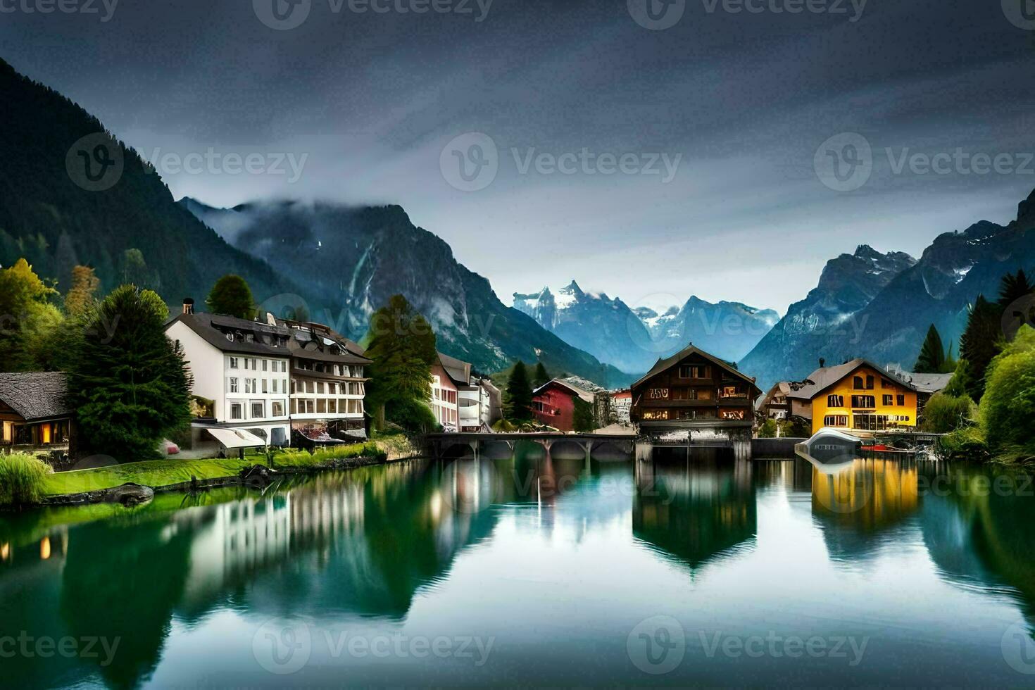 a lake and houses in the mountains. AI-Generated photo