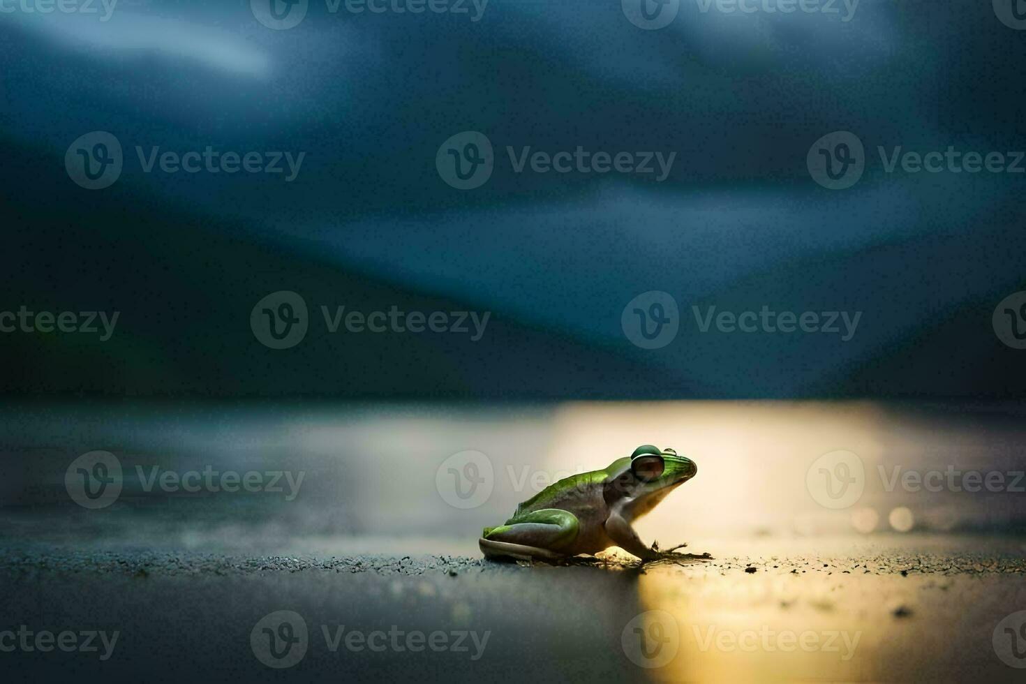 a frog sitting on the ground in front of a lake. AI-Generated photo