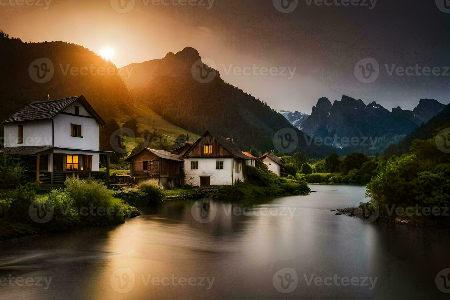 the sun sets over a mountain village and river. AI-Generated photo