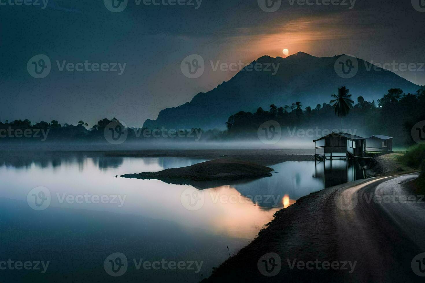 the sun rises over a lake and a small house. AI-Generated photo