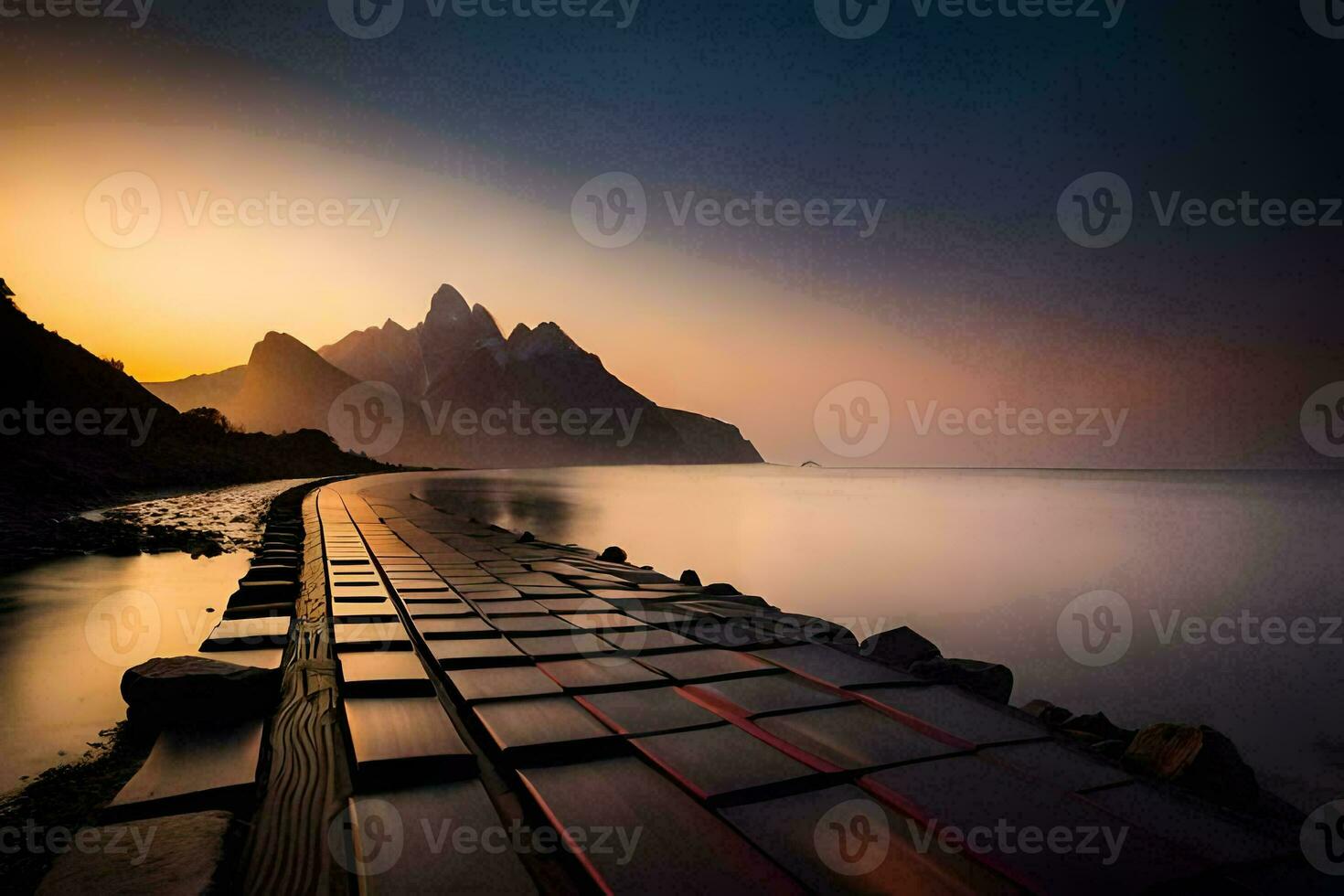 a long pier with mountains in the background. AI-Generated photo