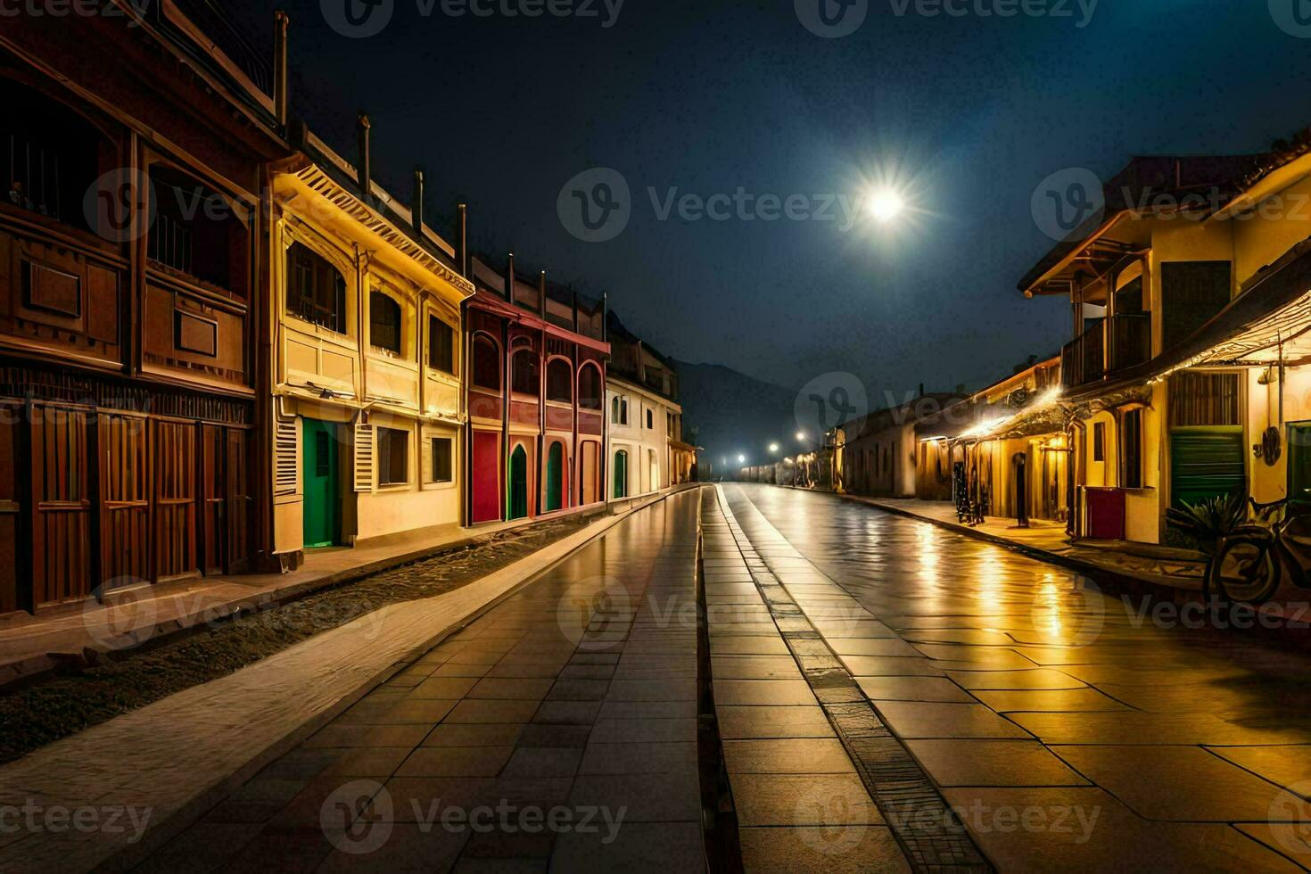 a street at night with a full moon shining down. AI-Generated photo