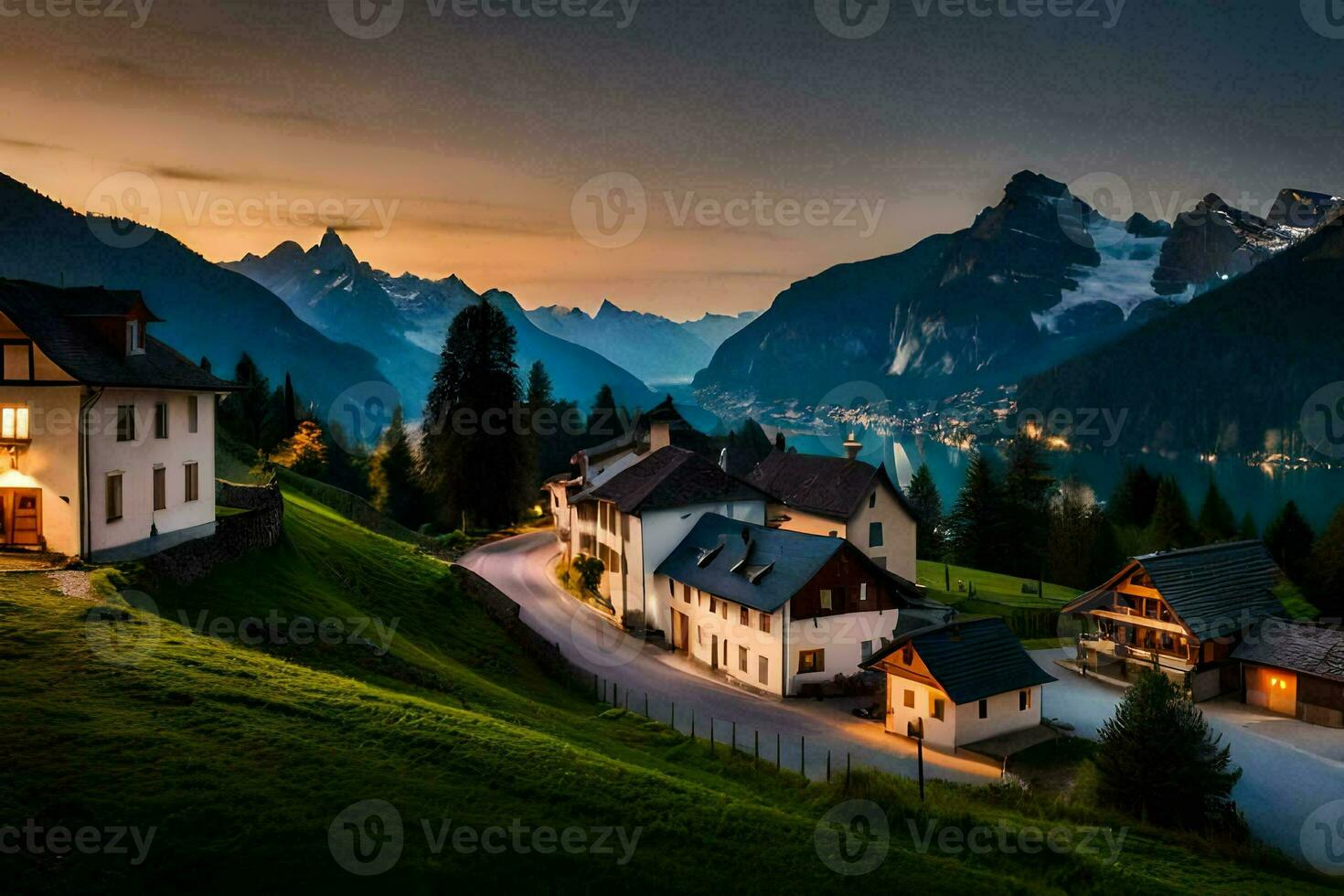 a village in the mountains at sunset. AI-Generated photo