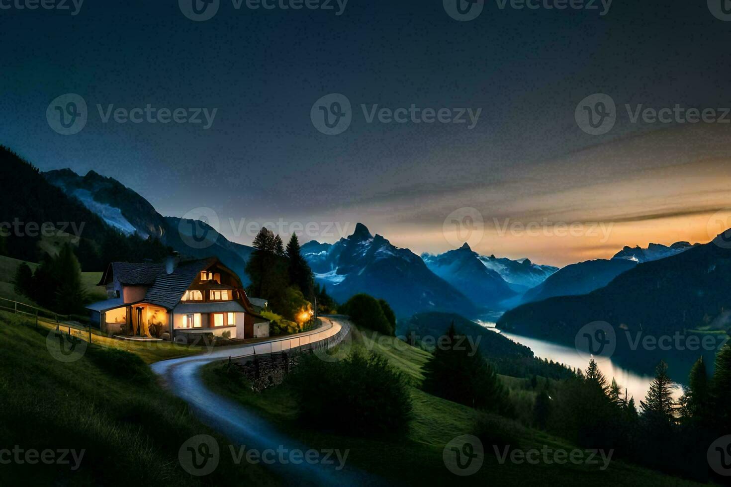 a house on the side of a mountain at sunset. AI-Generated photo
