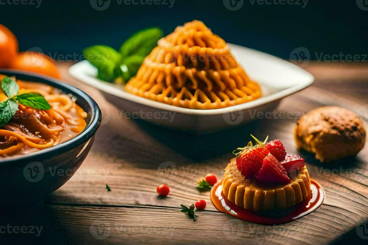 a bowl of pasta, a plate of fruit and a bowl of fruit. AI-Generated photo
