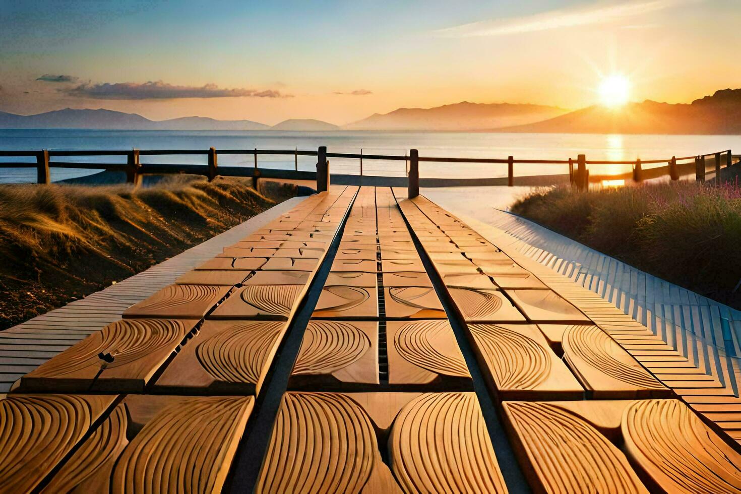 a wooden walkway leads to the beach at sunset. AI-Generated photo
