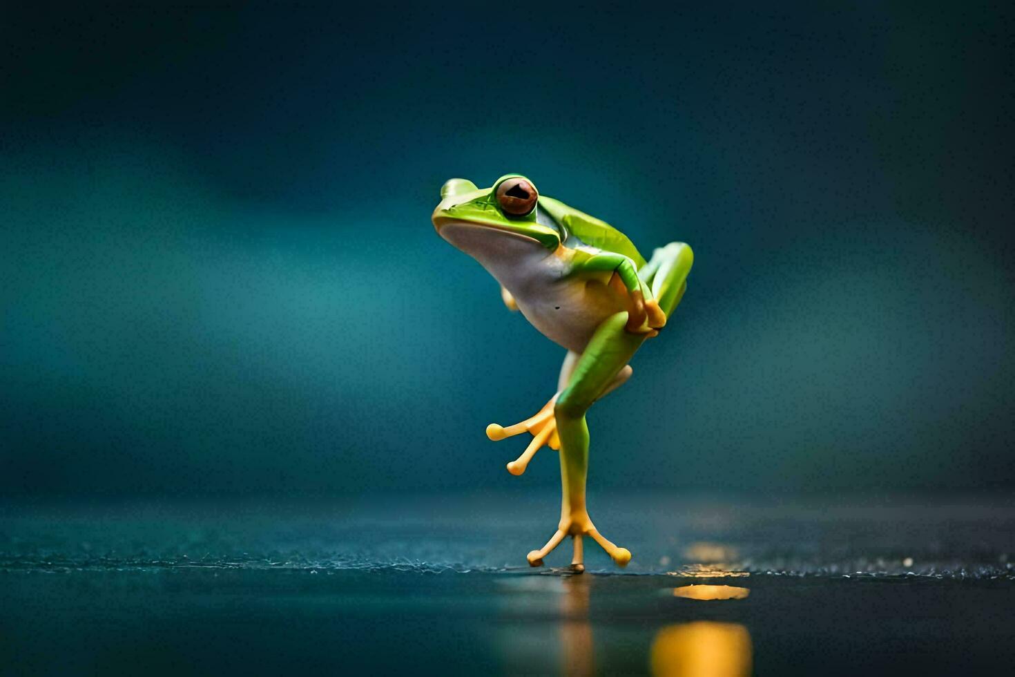 a frog is standing on its hind legs on a dark background. AI-Generated photo