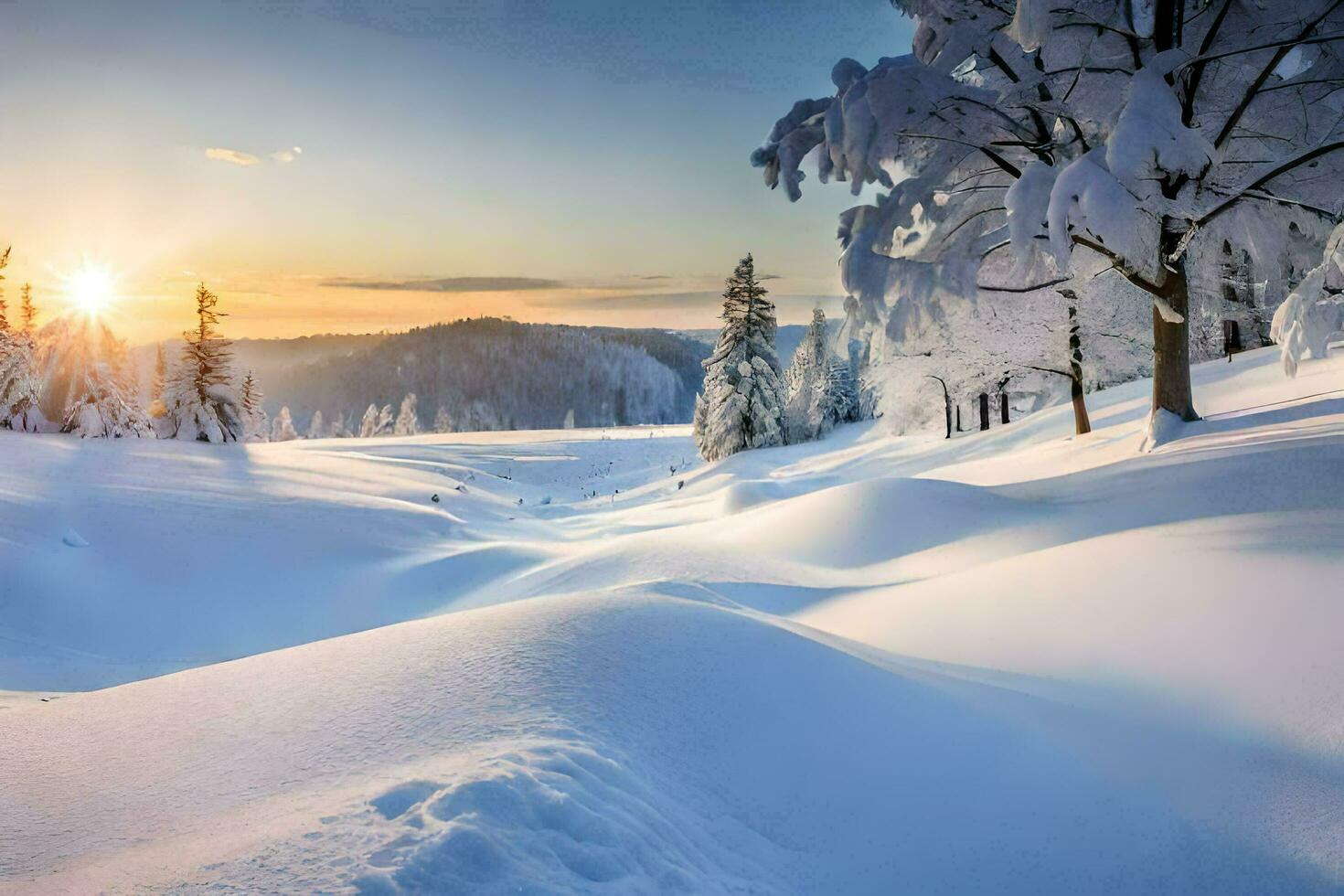 snow covered trees and the sun setting over a snowy landscape. AI-Generated photo