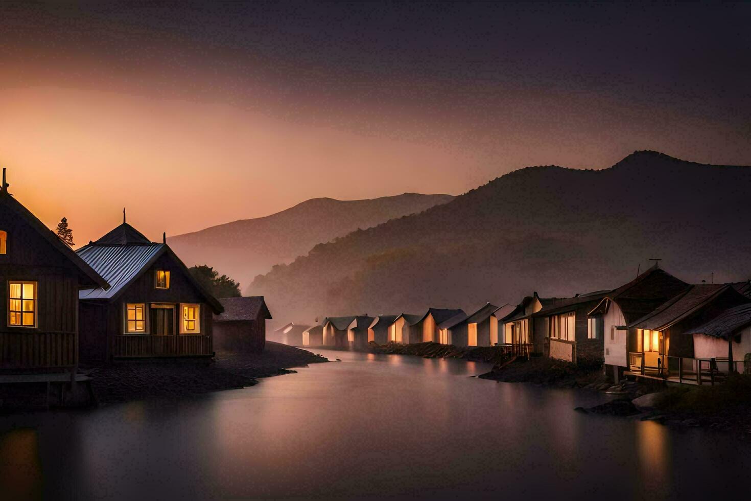 a river runs through a village at sunset. AI-Generated photo