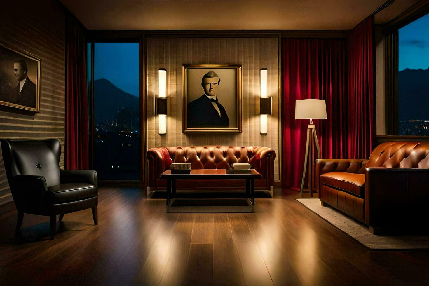 the living room has a painting of a man on the wall. AI-Generated photo