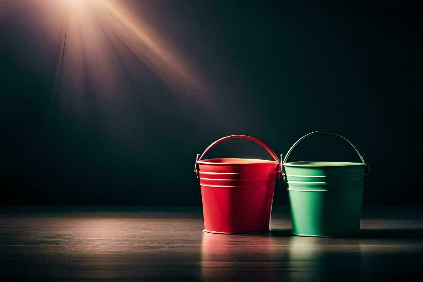 two red and green buckets on a dark table. AI-Generated photo