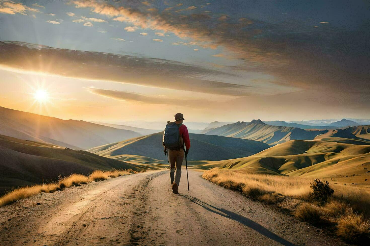 un hombre con un mochila caminando en un la carretera en el montañas. generado por ai foto