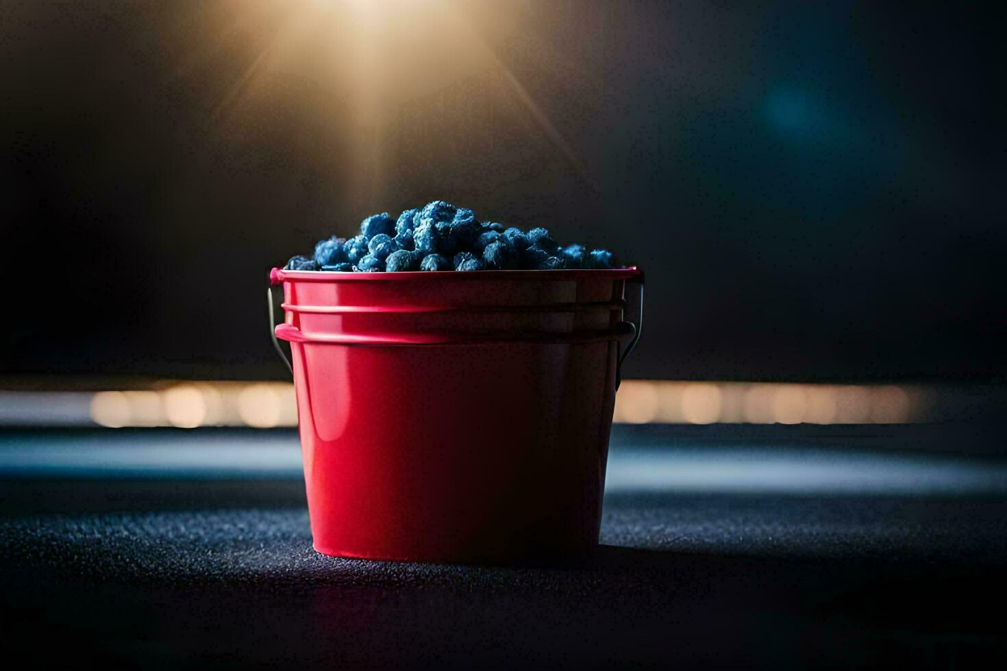 a red bucket filled with blueberries. AI-Generated photo