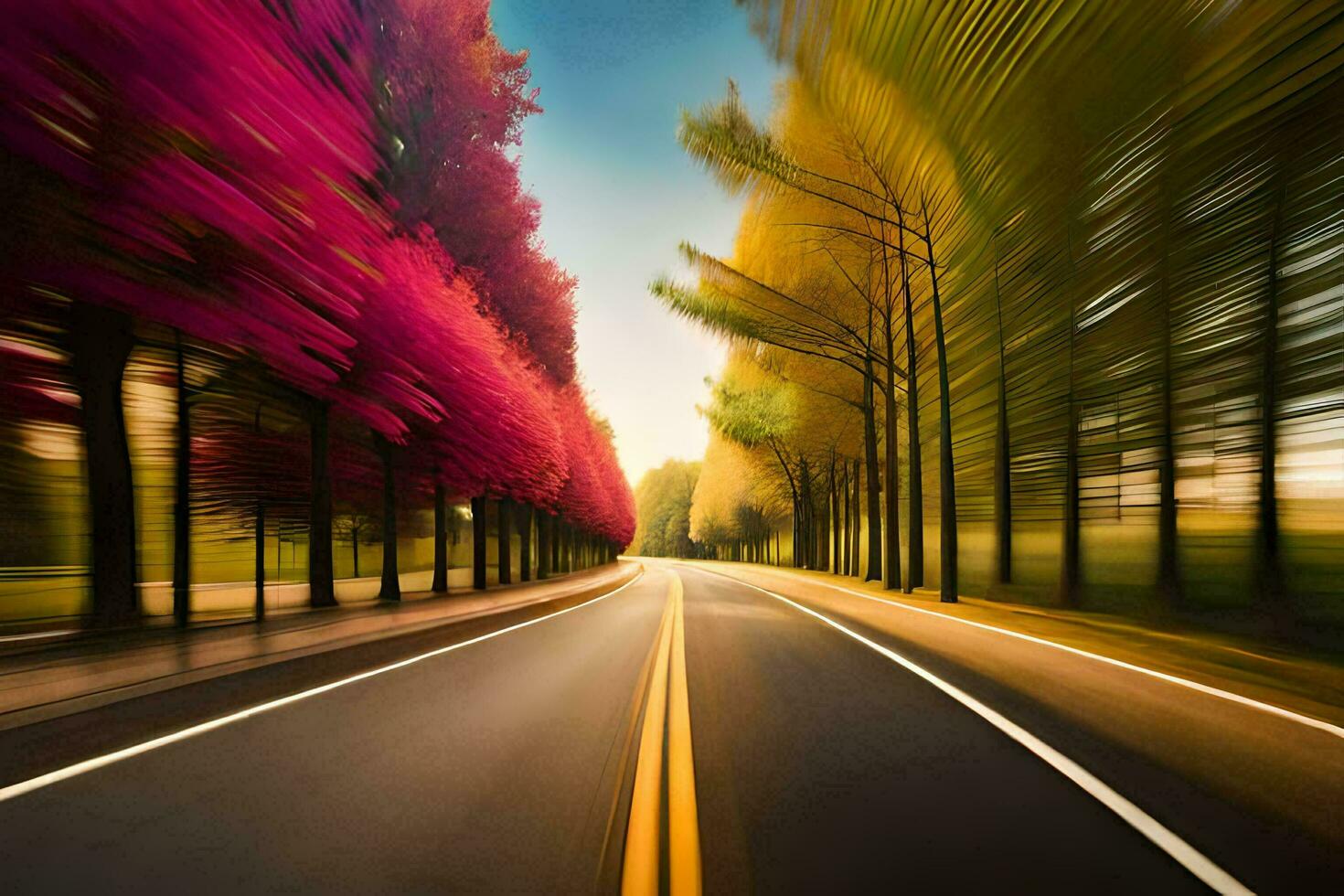 a blurry image of a road with trees and a car. AI-Generated photo