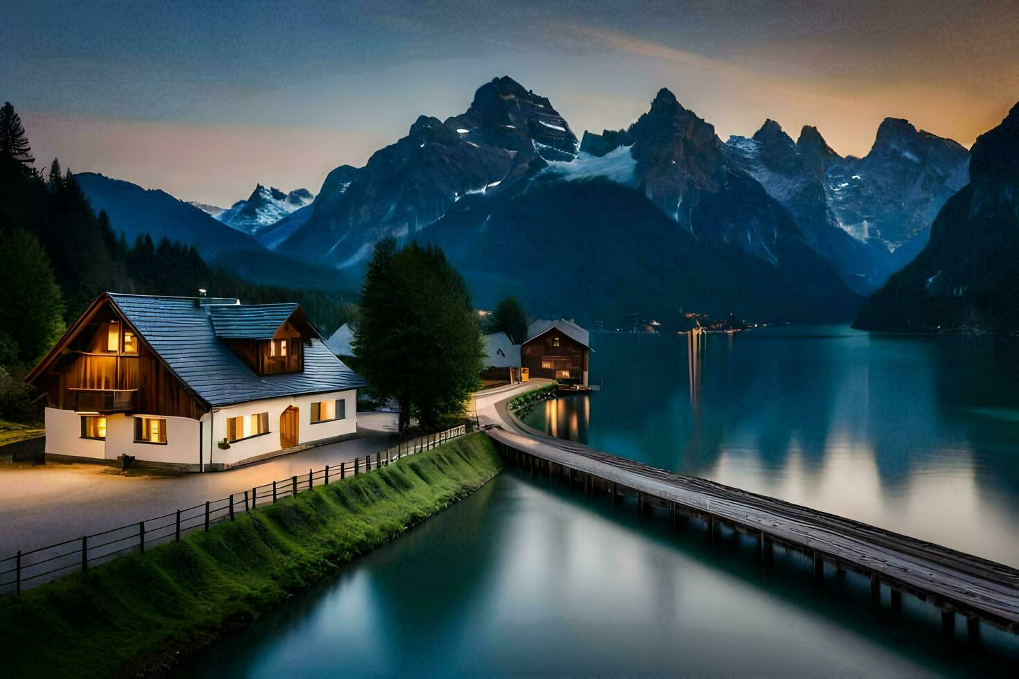 un casa se sienta en el apuntalar de un lago a oscuridad. generado por ai foto