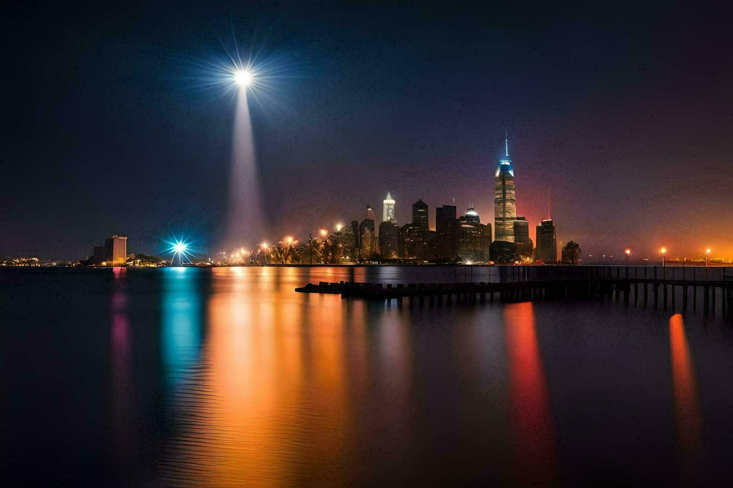the manhattan skyline is illuminated at night. AI-Generated photo