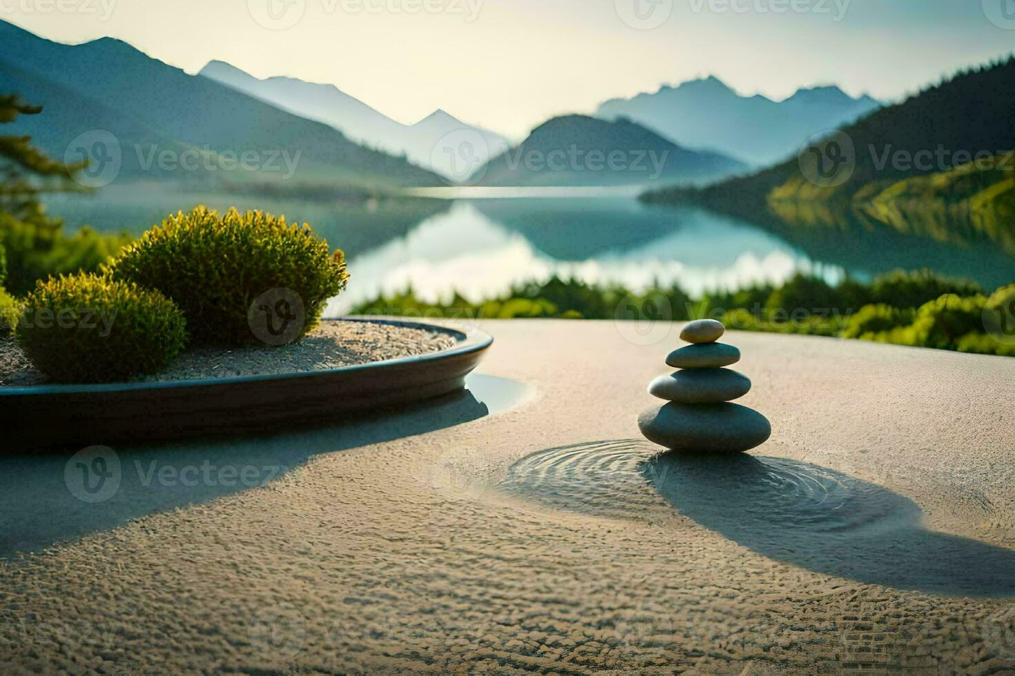 a stone stack sits on the ground in front of a lake. AI-Generated photo