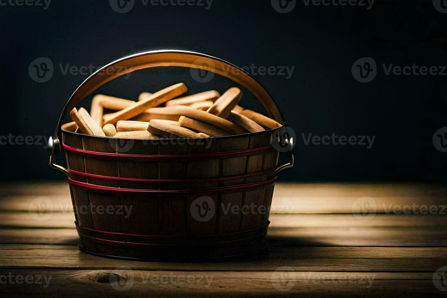 un Cubeta lleno con francés papas fritas en un de madera mesa. generado por ai foto