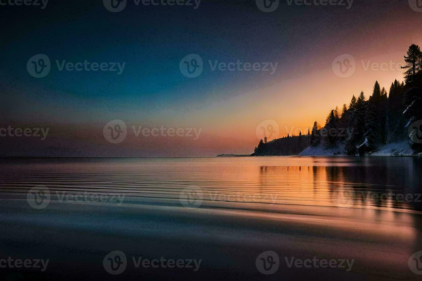 a beautiful sunset over the water with trees. AI-Generated photo