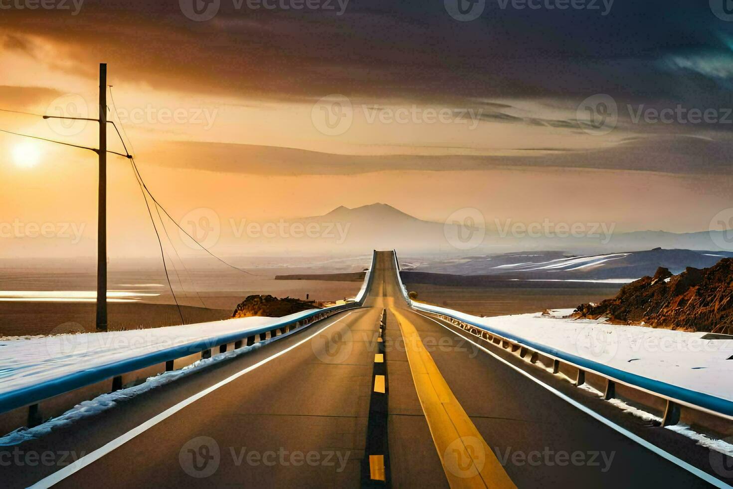 a long road with snow on the ground and mountains in the background. AI-Generated photo