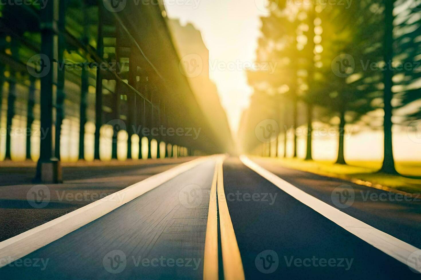 a long empty road with trees in the background. AI-Generated photo