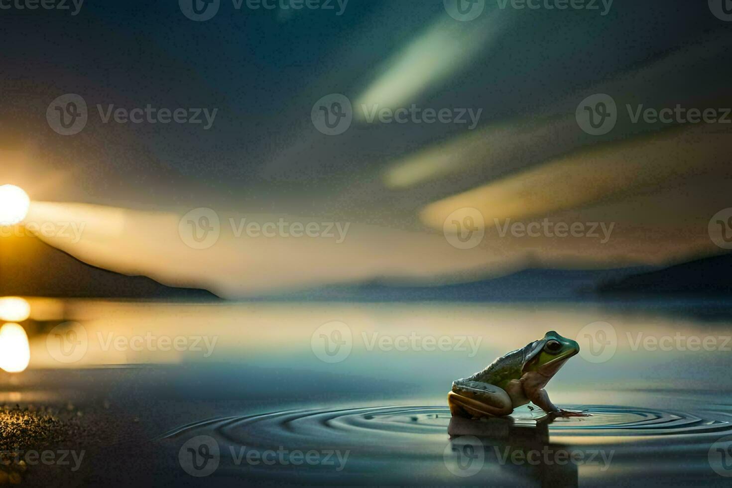 a frog sitting on the edge of a lake at sunset. AI-Generated photo