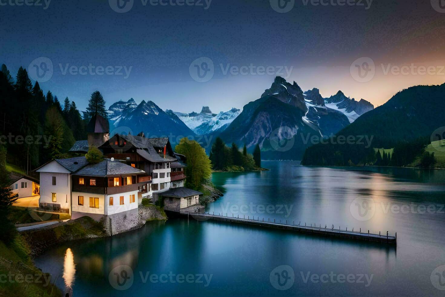 a house sits on the shore of a lake at sunset. AI-Generated photo