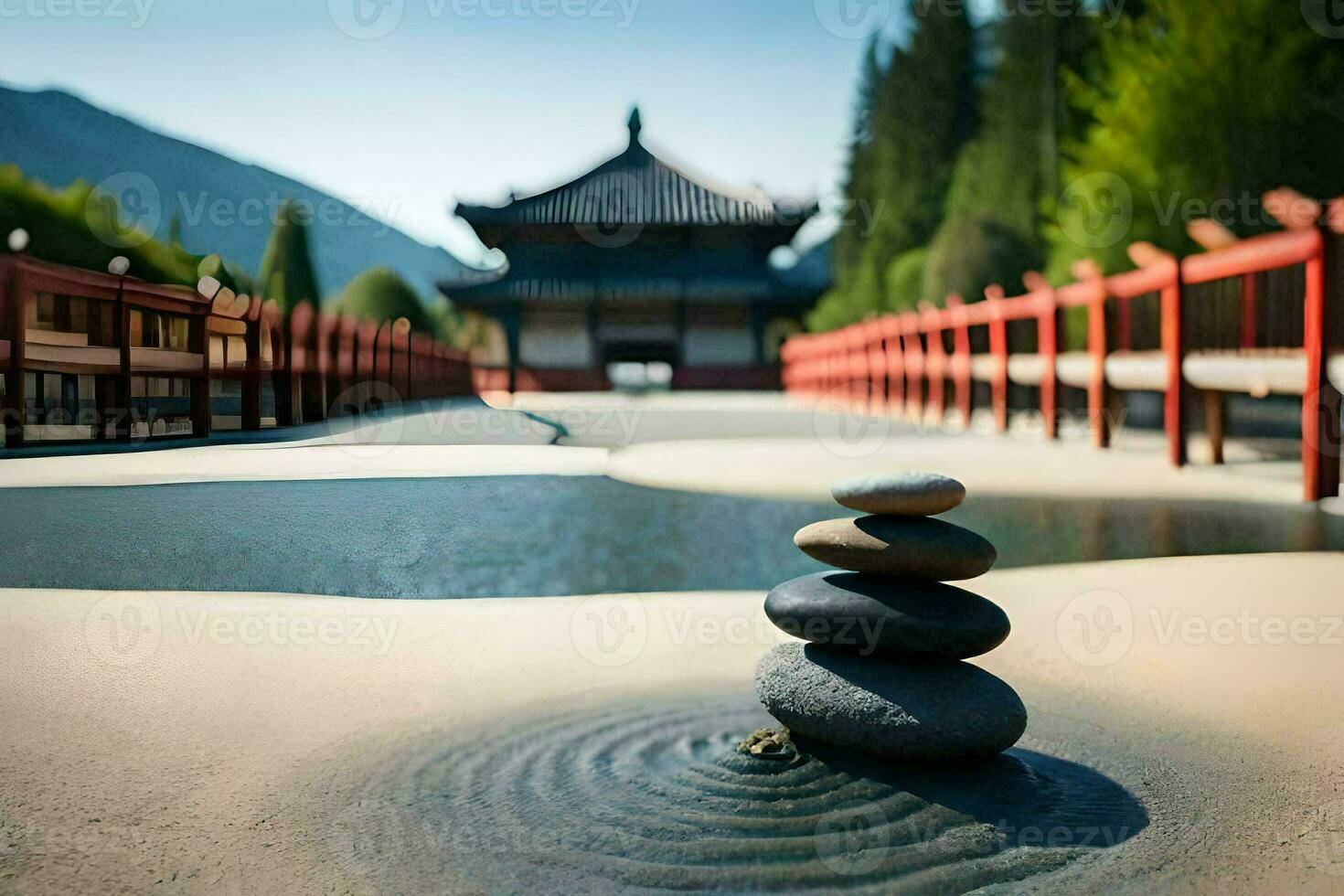 a stone stack sits on the ground in front of a pond. AI-Generated photo