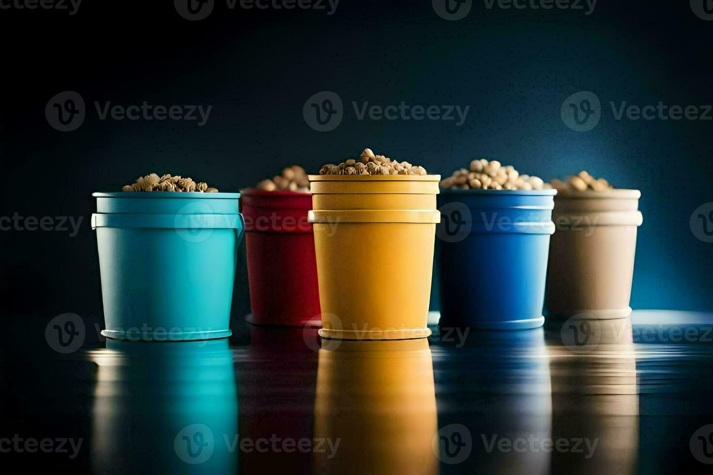 a row of colorful cups with cereal in them. AI-Generated photo