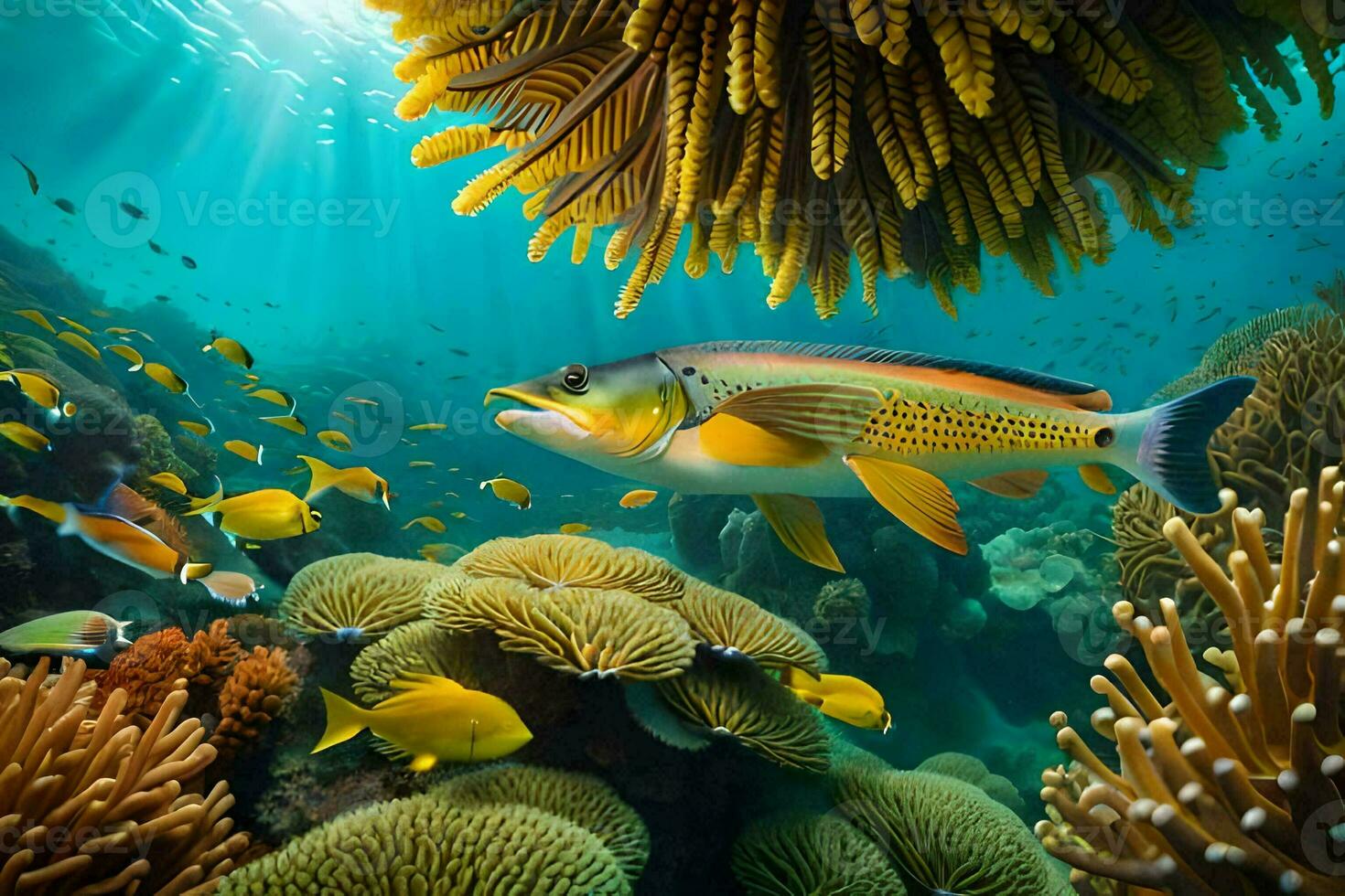 a fish swims over a coral reef with many fish. AI-Generated photo