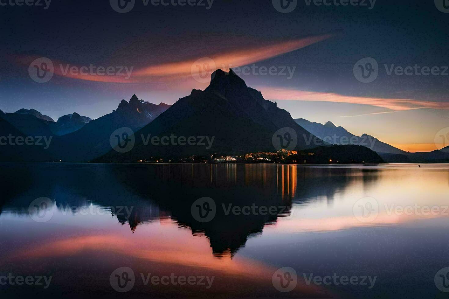 the mountains are reflected in the water at sunset. AI-Generated photo