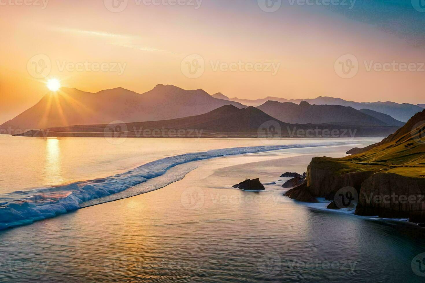 el Dom sube terminado el Oceano y montañas en Islandia. generado por ai foto