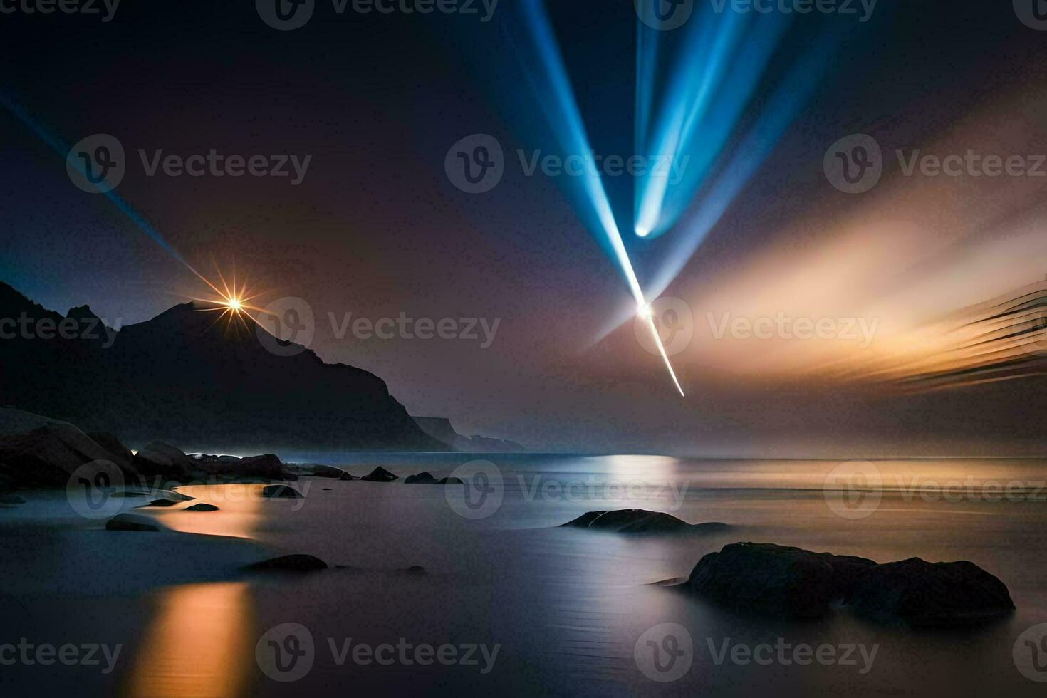 a long exposure photograph of a bright light shining over the ocean. AI-Generated photo