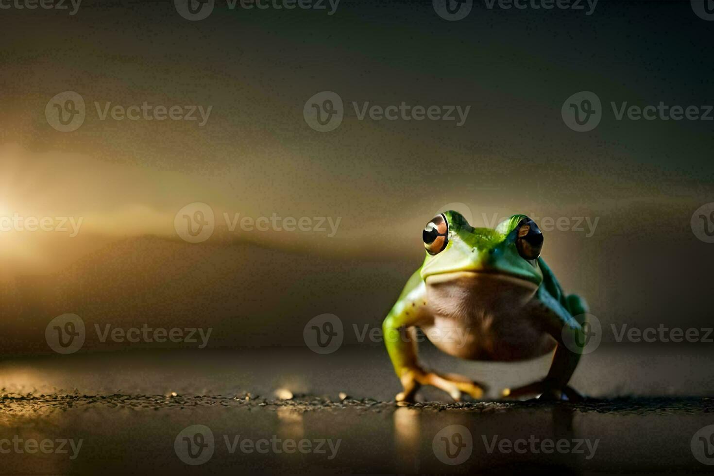 a frog is standing on the ground in front of the sun. AI-Generated photo