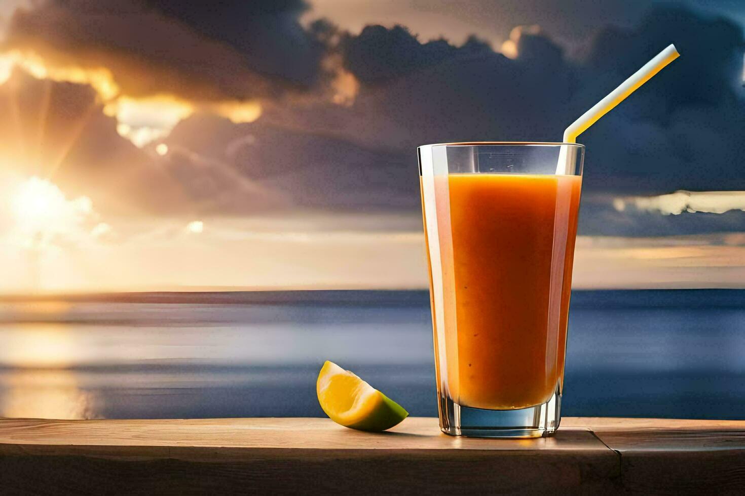 a glass of orange juice with a straw and lime on a wooden table. AI-Generated photo