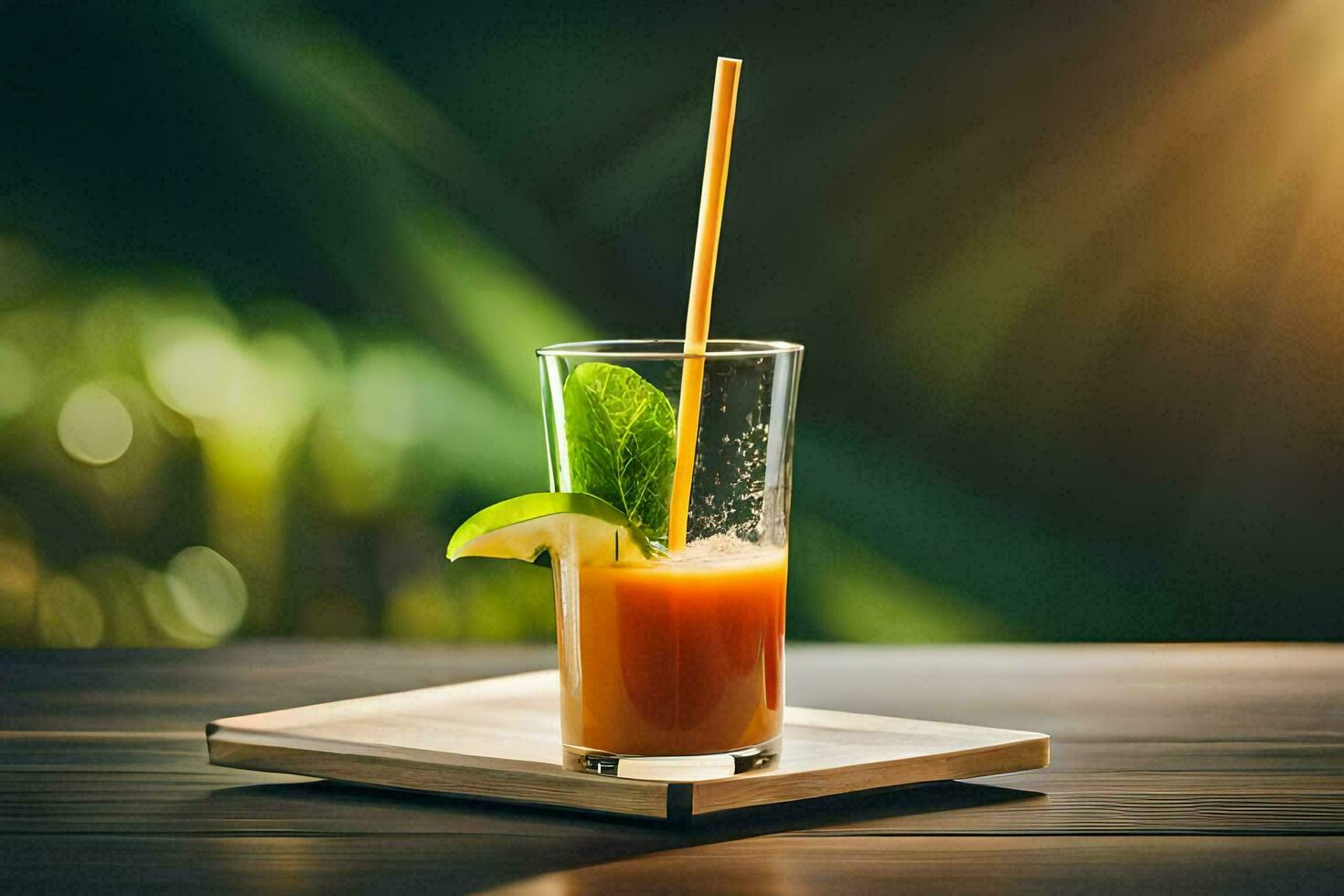 a glass of orange juice with a straw on a wooden table. AI-Generated photo