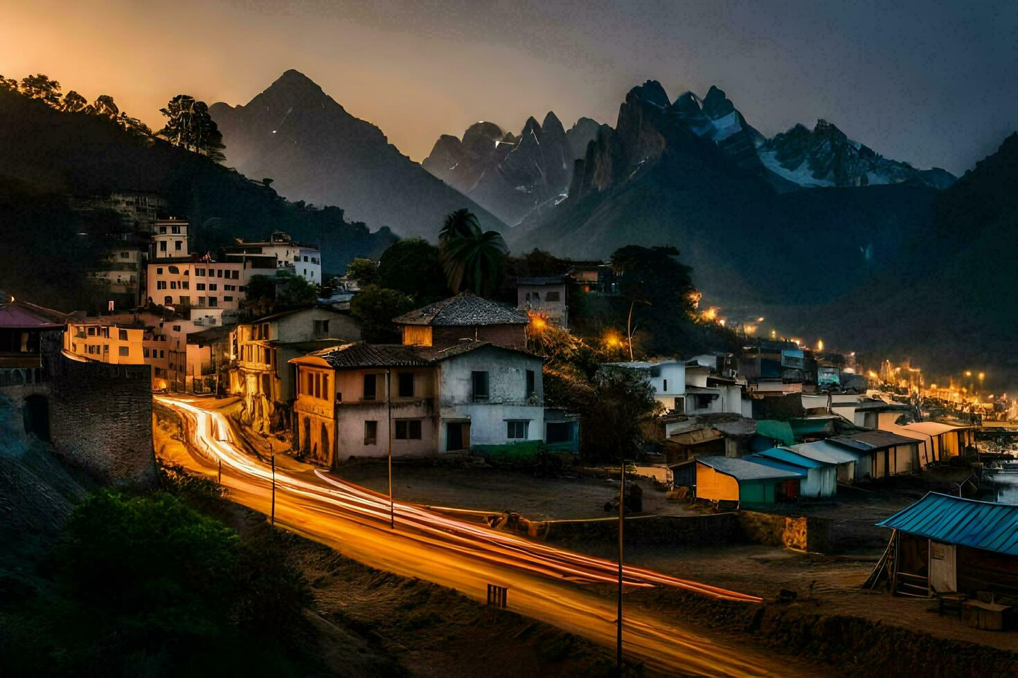 un pueblo en el montañas a oscuridad. generado por ai foto