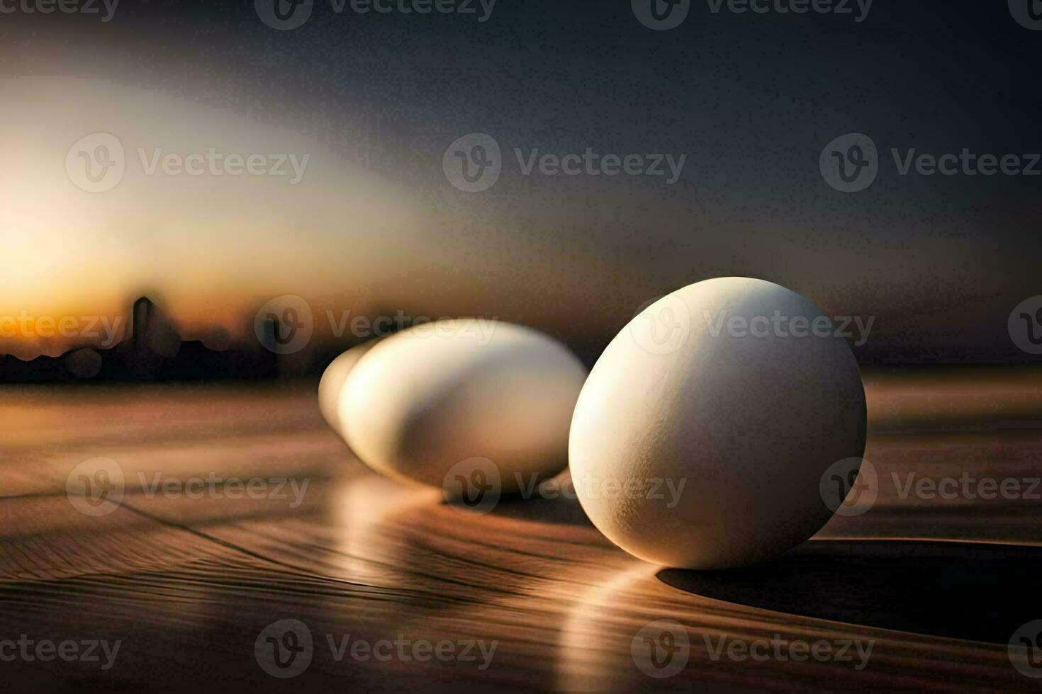 three eggs on a table with a city in the background. AI-Generated photo