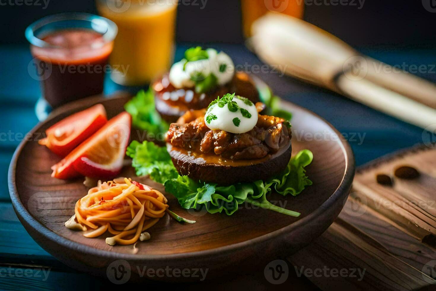 a plate with food on it and a glass of juice. AI-Generated photo