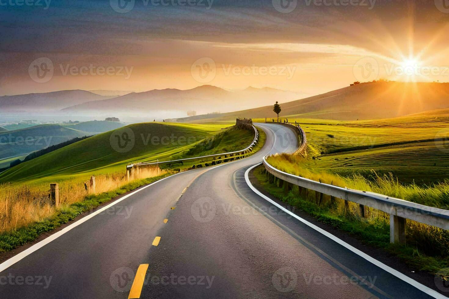 a road leading to the sunset in the countryside. AI-Generated photo