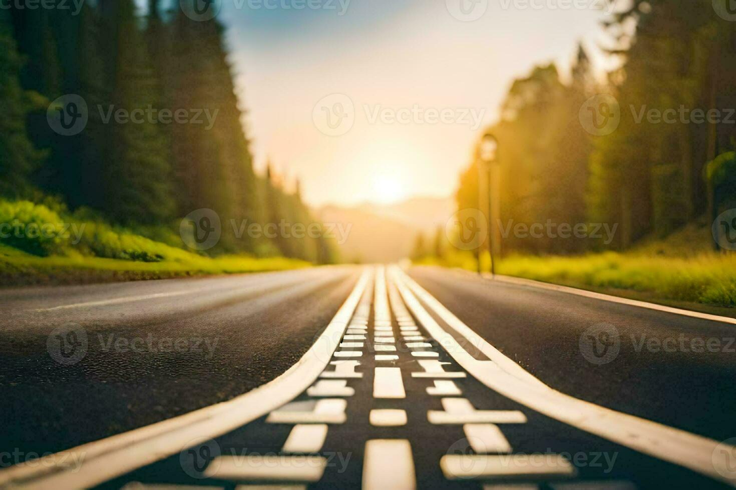 a road with a line on it and the sun setting in the distance. AI-Generated photo