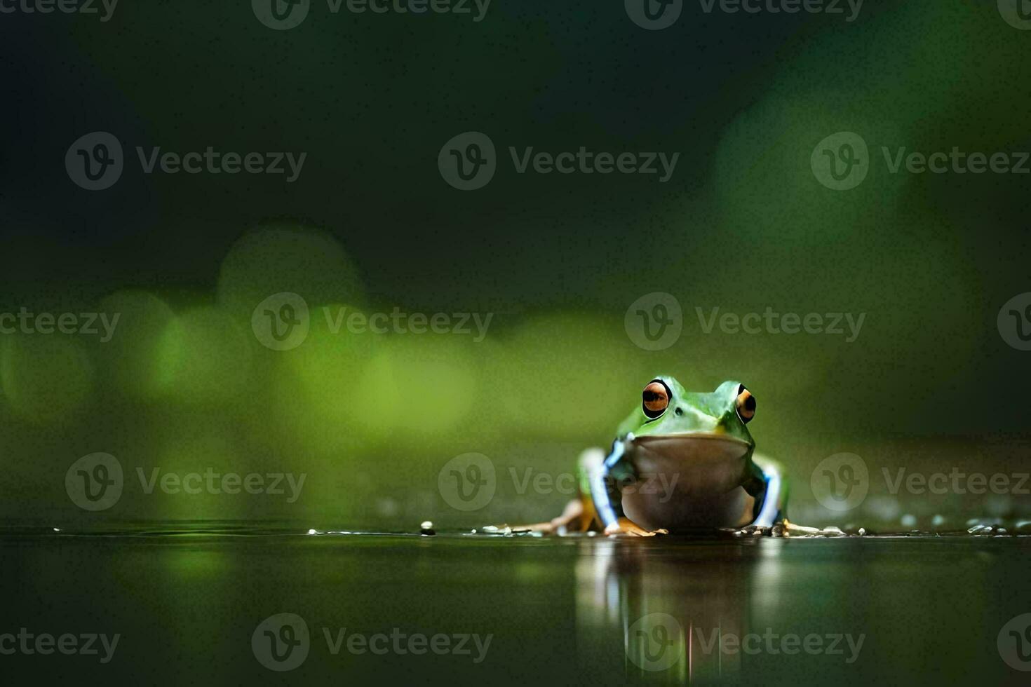 a frog sitting on the water in front of a green background. AI-Generated photo