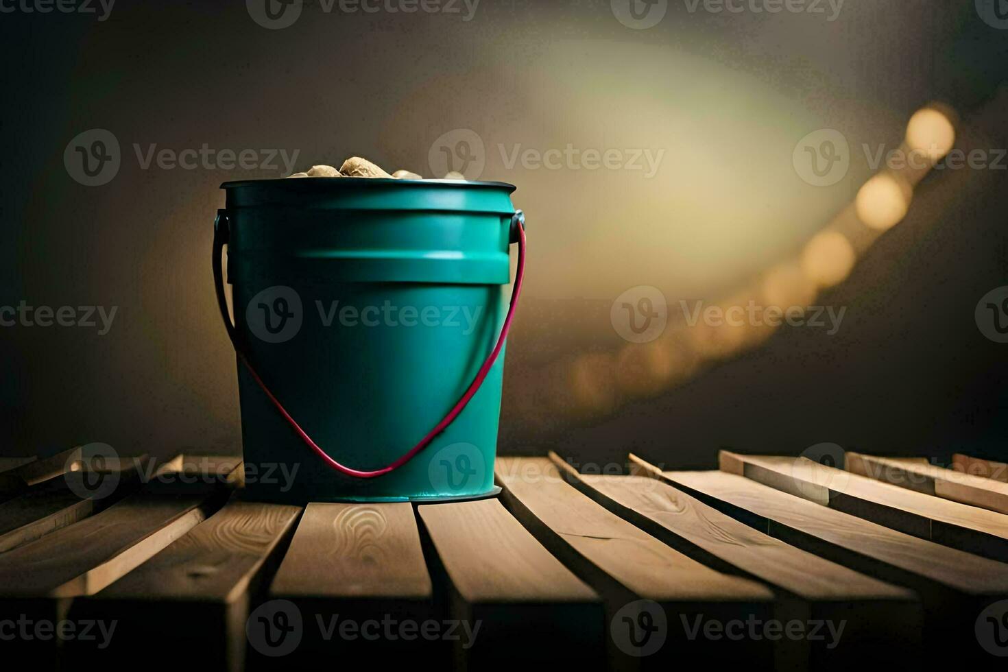 a bucket of peanuts on a wooden table. AI-Generated photo