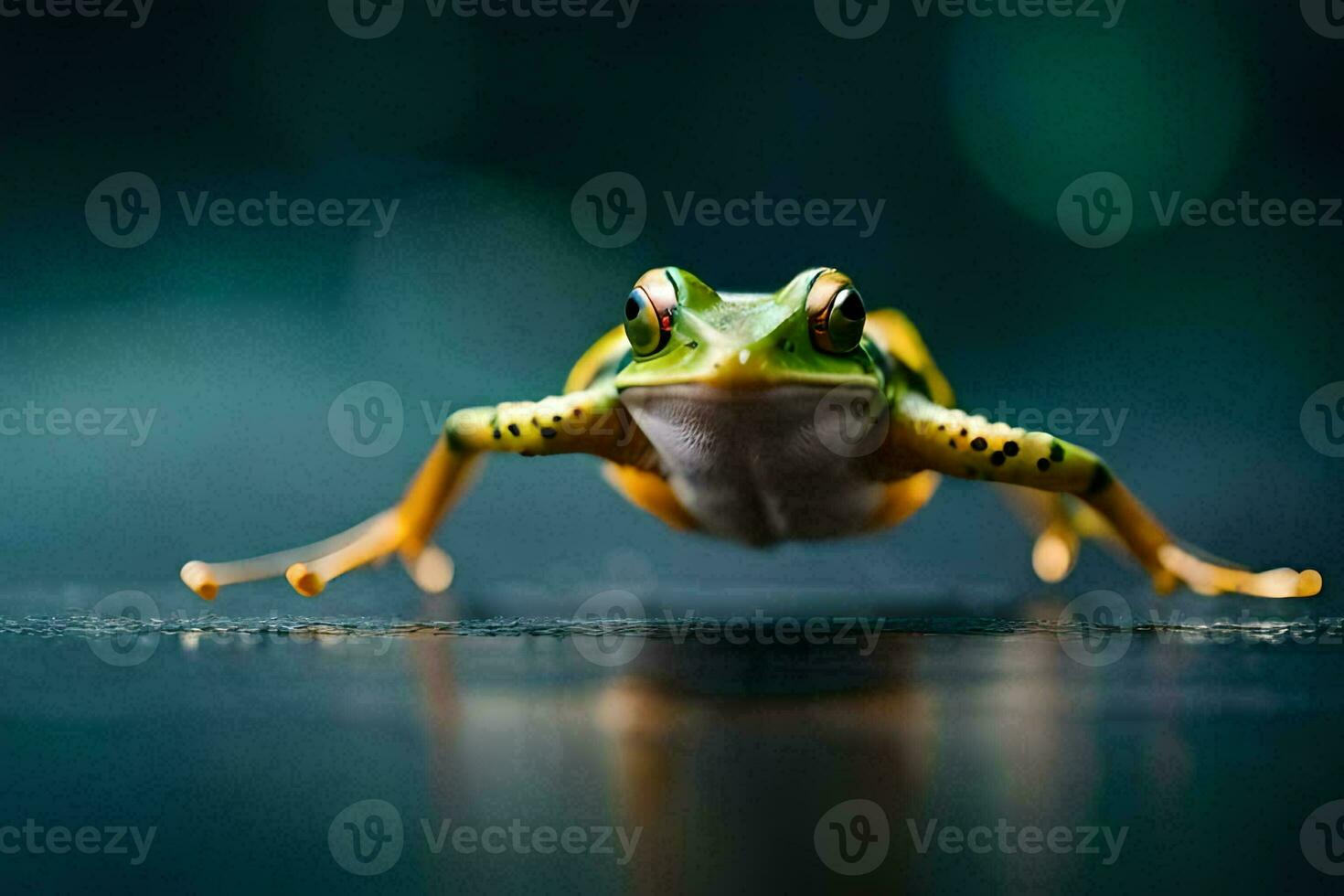 a frog is standing on the ground with its legs spread. AI-Generated photo