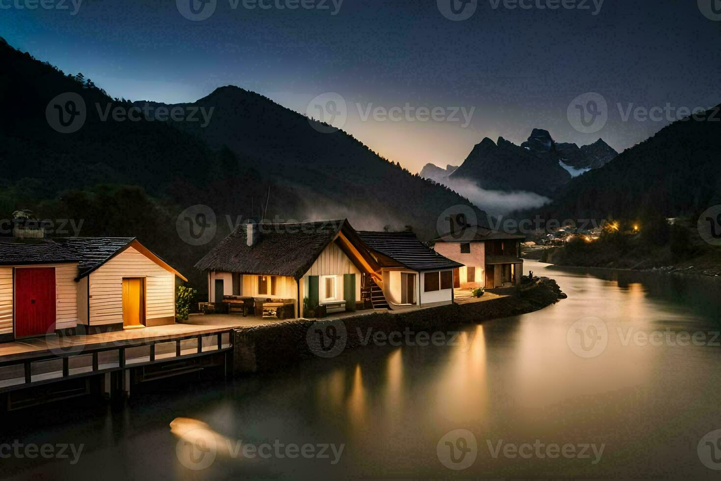 a river in the mountains at night with houses. AI-Generated photo