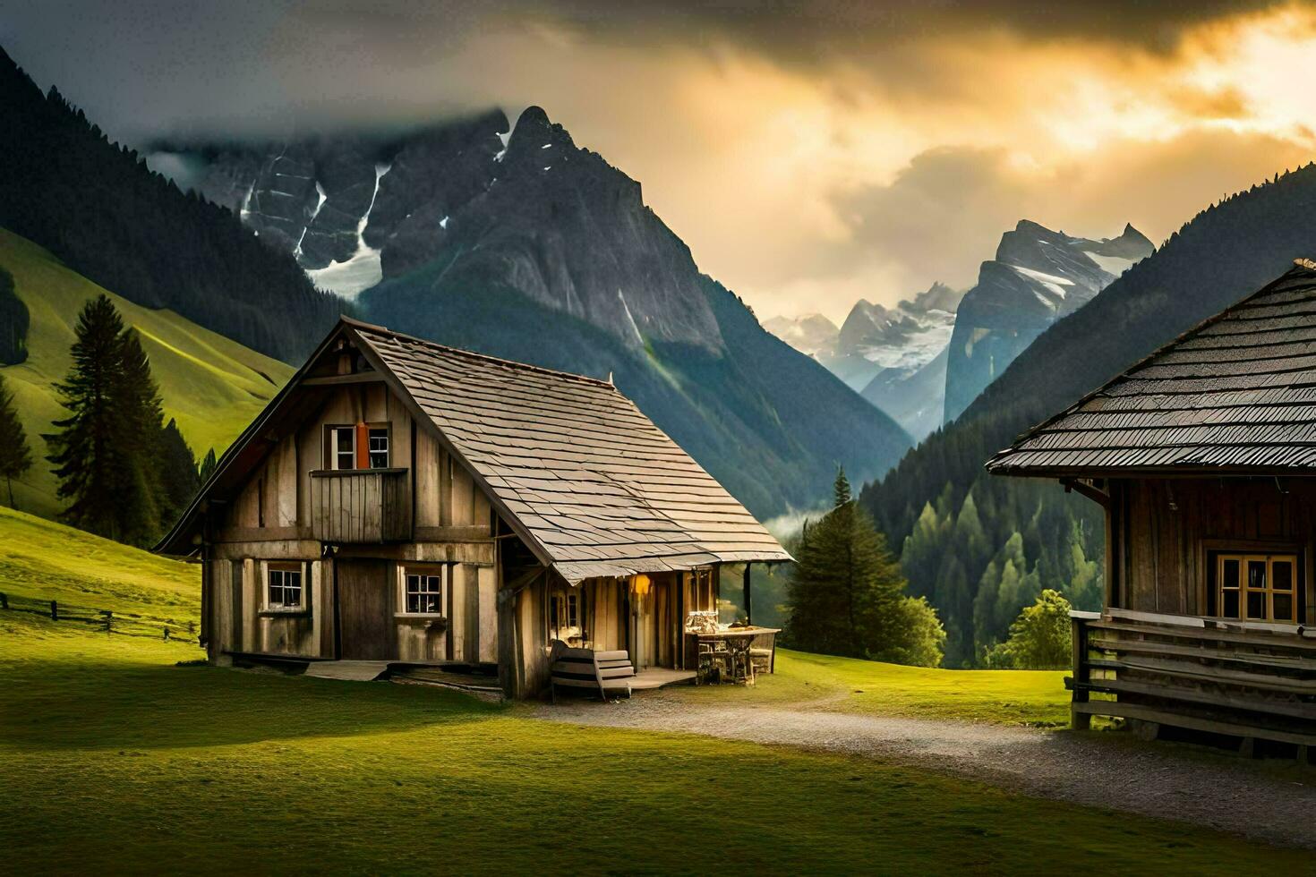 two wooden houses in the mountains. AI-Generated photo