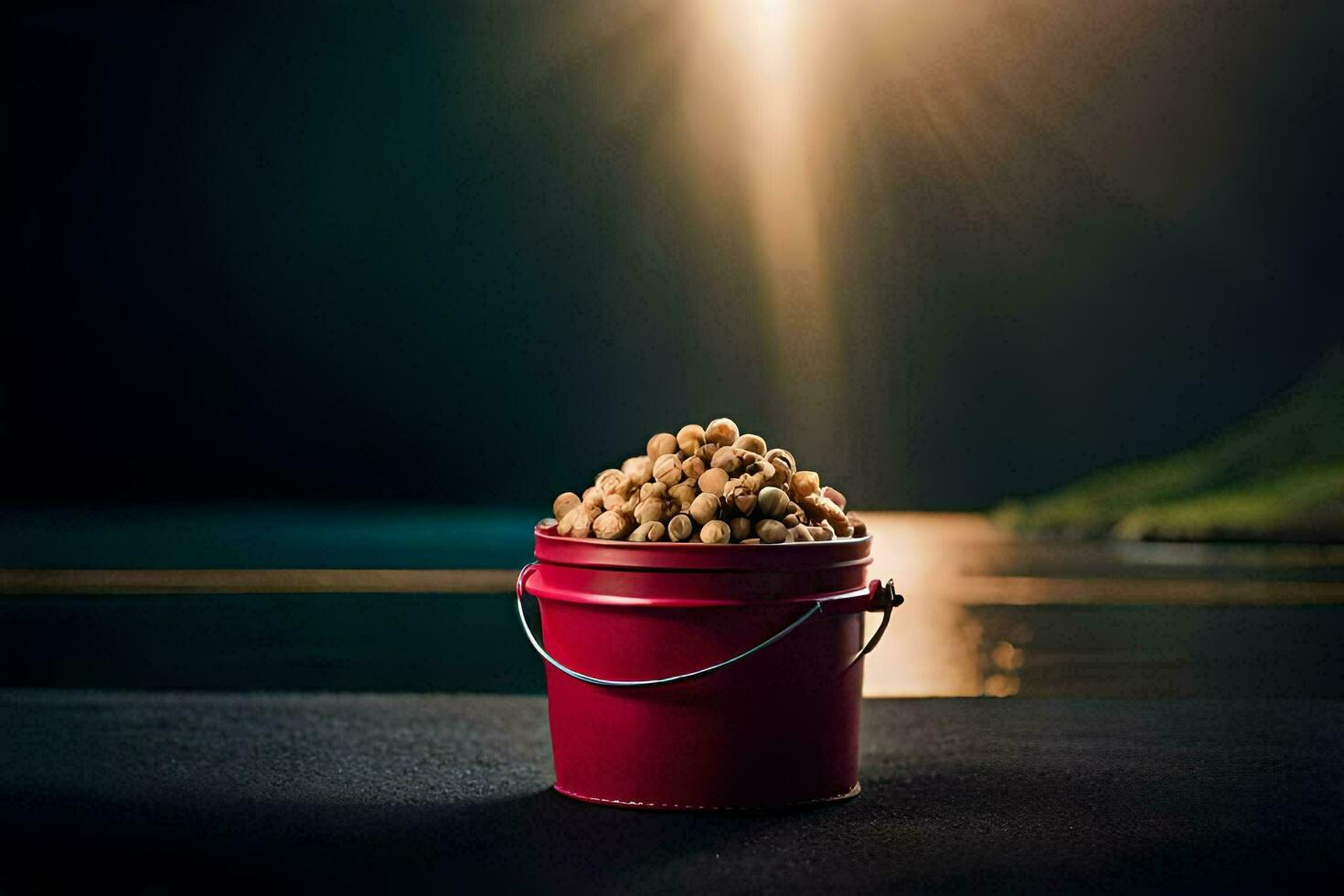 a bucket of peanuts on a table in front of a lake. AI-Generated photo