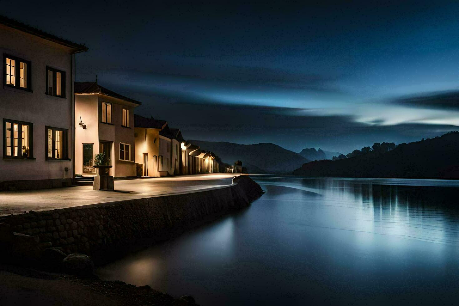 a house on the shore of a lake at night. AI-Generated photo