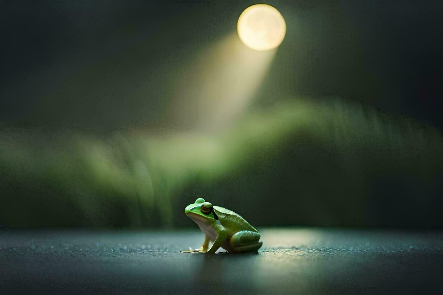 un rana sentado en el suelo en frente de un lleno Luna. generado por ai foto